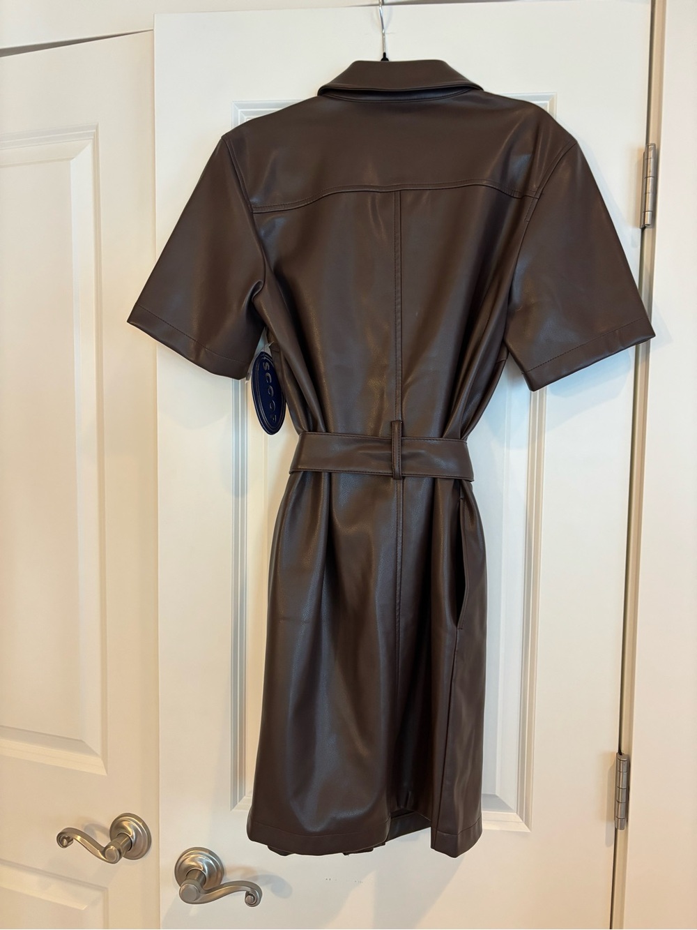 NWT Scoop Women's Short-Sleeve Faux Leather Shirt Dress in Dark Brown - Picture 7 of 8